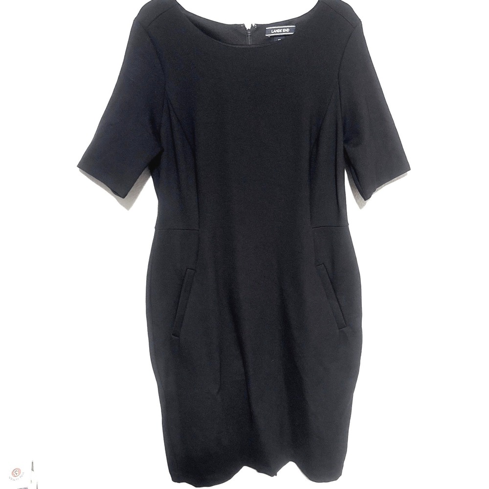 Lands End Black Sheath Dress Short Sleeve Boat Neck Bodycon Size 12 Classic‎